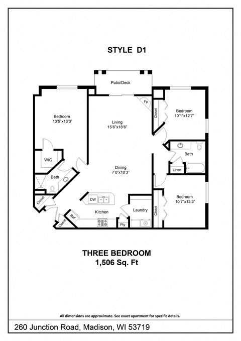 Floor plan for 3 beds, 2 baths, 1506 sqft